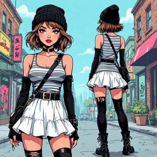 Light Brown Short Hair Babe Striped gray tank dress with white ruffled mini-skirt, thigh-high socks, chunky black buckle boots, black beanie, and cross-body bag — casual goth-punk streetwear.