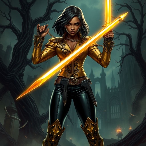 A teenage African American female with shoulder length hair in a side part style wearing an armored gold leather jacket with black accents black leather pants and gold boots holding a glowing golden sword with a gun belt and two guns on her hips
