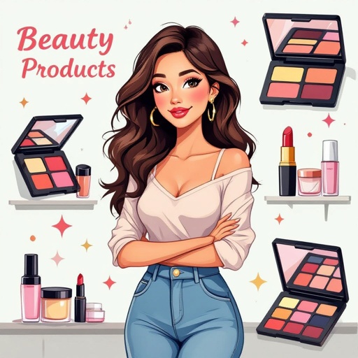 Create a character showing there whole body head to toe, a lady who loves beauty products  