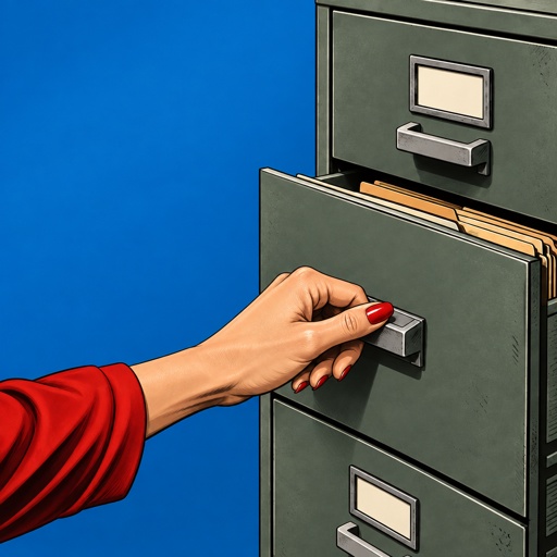 a woman's hand pushing a file cabinet open