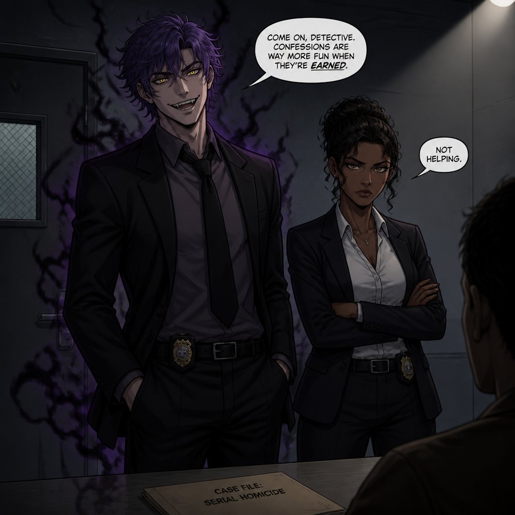 Anime style, Agent Ward a male, made in a secret lab to be best weapon and good at everything, highly skilled, be kept in check and have an emergency backup in case he gets out of control, Wards hair a messy bun hair color violet, is clean shaven, yellow night vision eyes, sharp teeth, has a dark power energy from experiments, best agent, in late 20s, tired, tall, eyes sensitive to light, easily migraines, likes making jokes, mischievous and dangerous, grins, hates being told what to do, intimidating, laugh like a maniac cares about his partner ruby rose she's dark skin serious plays by the rules and firm but nice to ward them standing together ruby arguing to wards "stop being so intimidating you're going to give are suspect a hart attack!" Ward says "what I'm just making the job go faster he's fun and was very helpful " he proceeds to laugh ruby says under her breath "this isn't funny" as a comic