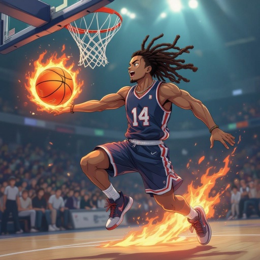 My character is a kind of muscular kind of light skin guy with 12 wicks(big dreadlocks) and a basketball jersey with the number 14 and a chain on his neck and he is jumping in the air to dunk the ball that’s on fire 