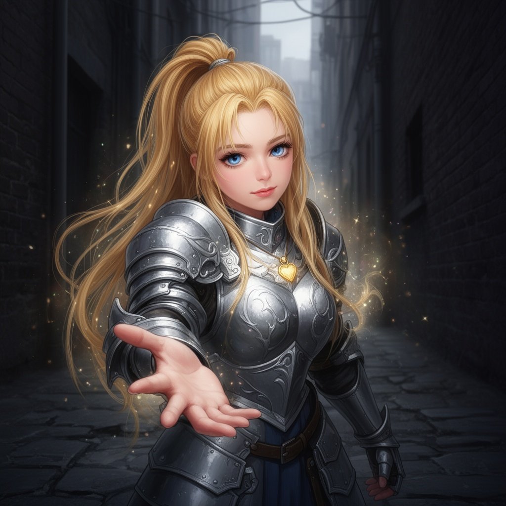 A beautiful girl with long golden hair tied up in a pony tail wearing heavy armour she has peachy skin and nice blue eyes. She seams to have some divine magic coming from her with a heart pendant hanging from her neck. She is in a dark alleyway offering a hand to the camera looking down as if the camera is on the floor looking up.