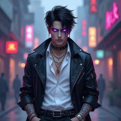 Good looking hót Violet Augen Black nail polish Pale skin Messy black hair with a few bleached white strands hair Bangs Black eyeshadow black lipstick White buttons shirt Black large baggy jeans Long black coat Very Loose black tie Lot of silver jewellery Chains belts Rings Bracelets and necklaces Rings Underground Tall slim Goth Really handsome male Charakter, Mak