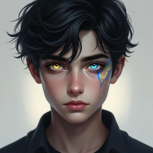 Dark mysterious character teenager boy,with a golden eye and bluish greenish eye with glowing gold veins and deep sea blue vein powers