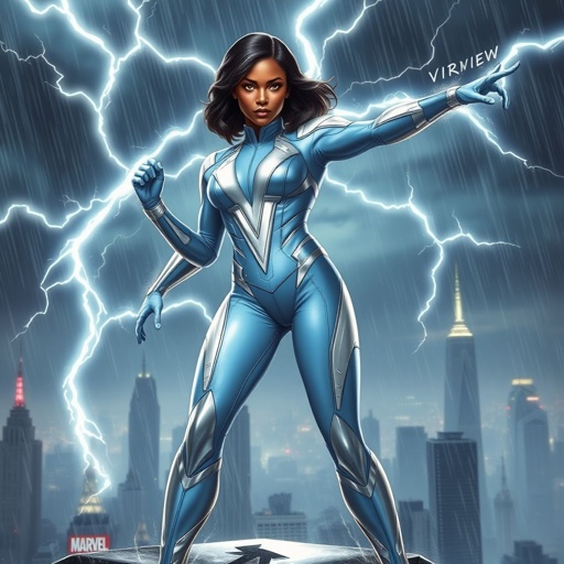 African American female superhero with hair in a shoulder length side part hairstyle with pure Gold glowing eyes wearing a leather light blue white and silver suit with light blue pants and silver boots and a V as her chest emblem controlling a storm in Philadelphia