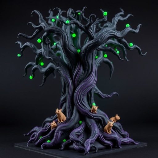 Give me a image of a dark  magic tree, with roots in the bottom