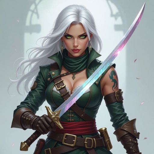 5’7 tall platinum hair almost white bright green eyes human keeps face covered 130 lbs Ghost form tattoo on right arm Duel wielding crystal rapier blades rouge pirate captain
