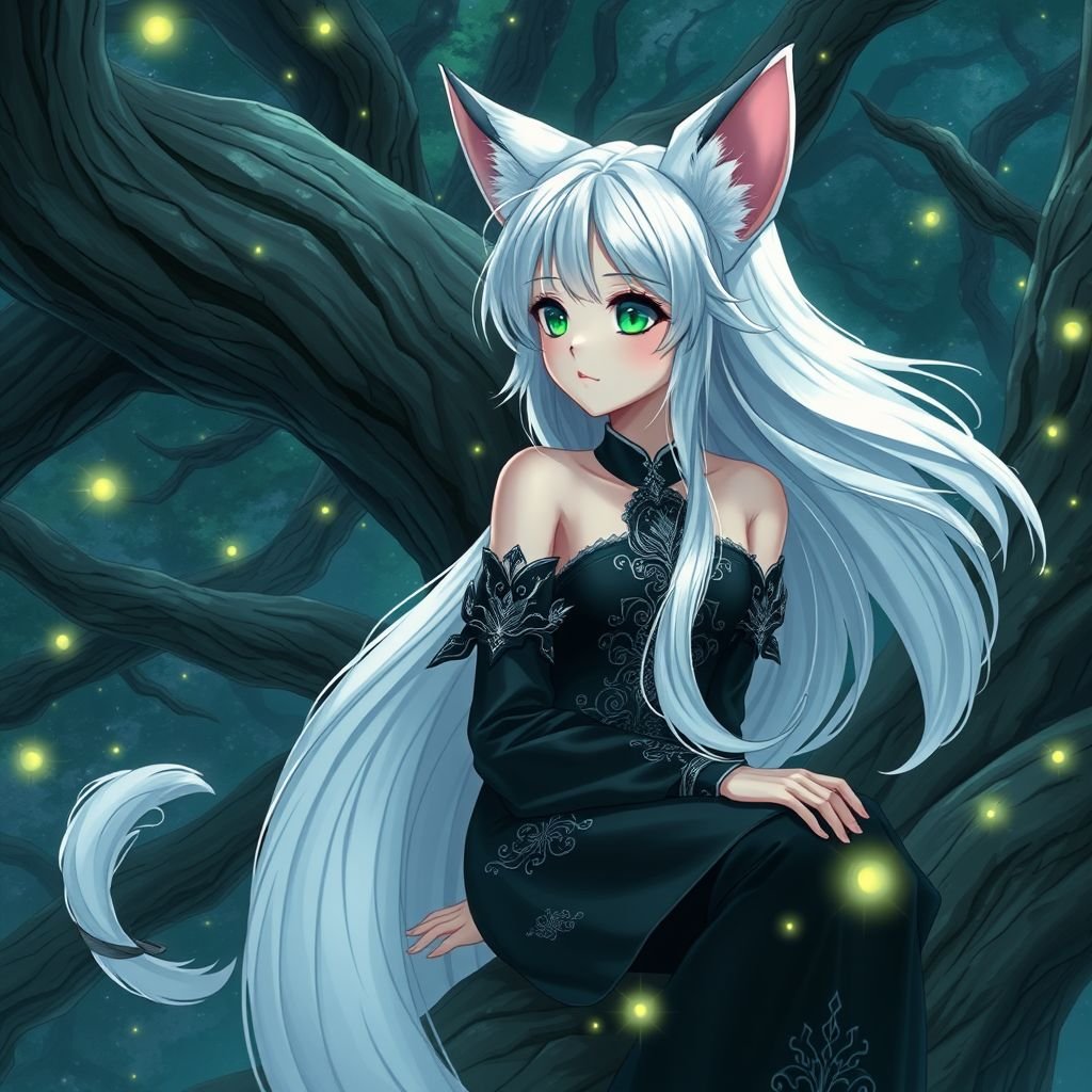 A teenage girl with pale skin and emerald eyes wearing black attire with long white hair and small fox ears sitting on top of a colossal tree watching the stars shine