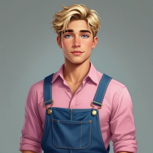 Latino, no beard, looks a bit feminine, 18-years old male, Blonde hair, blue eyes, ring around eye heterochromia, pink shirt, blue overalls 
