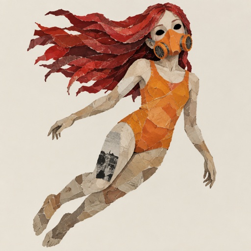 Female wearing an orange one piece legs covered sleeveless, red long hair, completely black eyes, orange breathing mask, 15 years old, floating 