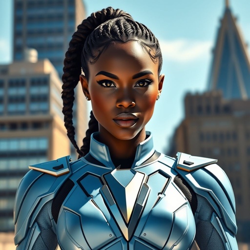 African American female superhero with a braid ponytail wearing a leather slightly armored light blue and silver suit with light blue pants and silver boots and a V as her chest emblem standing in Philadelphia during the day