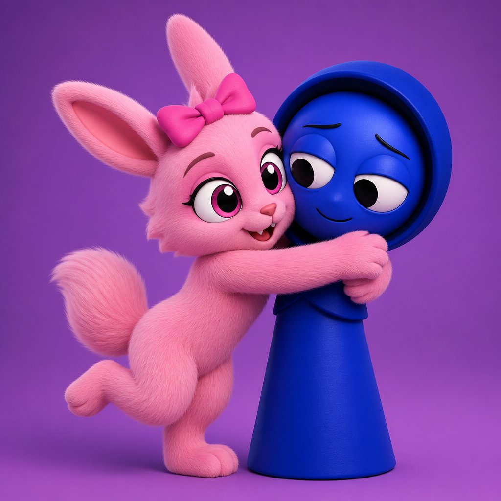 Pinki from Sprunki turning into her kind WereRabbit self in front of Jevin from Sprunki with her legs and tail transforming first and then her arms and then her ears and her neck starts to fluff up and then her face and the fur on her cheeks pokes out with fur appearing on her chest with fur holding her pink bow flush against her head as her eyes go from white and black to black and pink and she hugs Jevin because she loves him
