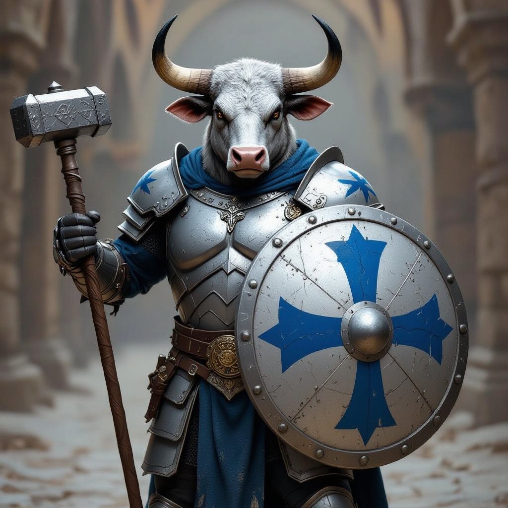 Bull head on a human body. He is wearing silver armor with blue markings. He carries a mace and shield on which there is a blue cross painted on in the middle 