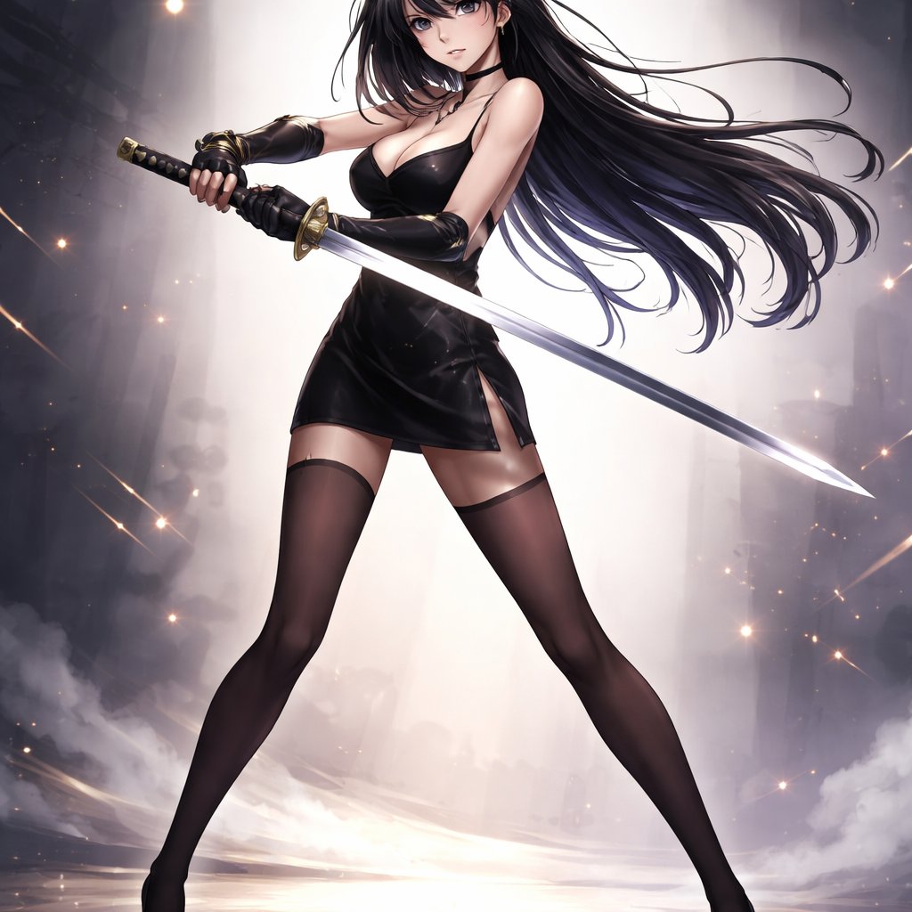 Slender long legged brunette with katana and short black hair is wearing stockings and high heels.