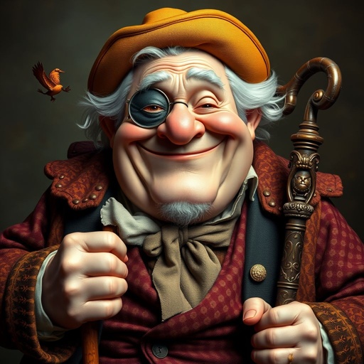 Create a funny old character who has 1 eye patched. Make him fat with a cane