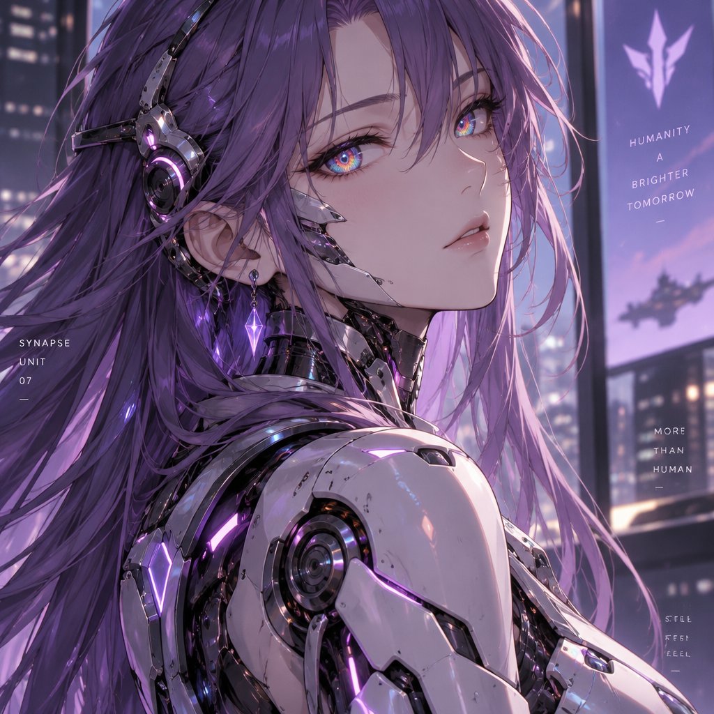 Woman, cyborg, purple long hair, rainbow eyes