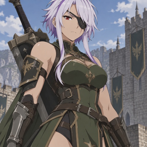 Short messy white hair with purple highlights, front hair long white with purple highlights, human woman, athletic build, eye patch over right eye with scar, green armor  dress hybrid clothes, huge sword on back, left eye is red
