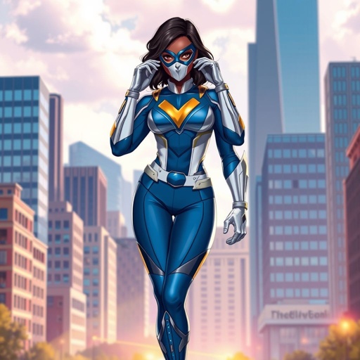 A teenage African American female superhero wearing a domino style mask with slightly curly hair in a shoulder length side part style wearing a slightly armored White and blue suit with gold accents blue pants and a stylized V as her chest emblem a utility belt and blue boot heel less standing in Philadelphia