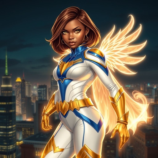A teenage African American female superhero with brown hair with gold highlights in a shoulder length side part hairstyle with pure Gold Glowing eyes wearing a white suit with gold and royal blue with white pants and gold and white knee length boots with a utility belt with a gold V as her chest emblem with glowing wings made of white fire flying in Philadelphia