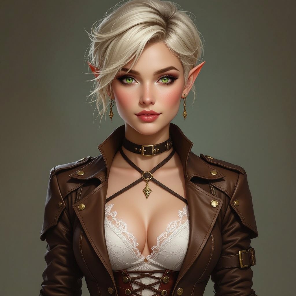 🎨 Ffionna Baelyn — Integrated Lace Underdress Variant  Semi-realistic fantasy portrait of Ffionna Baelyn, a female High Elf rogue assassin with an athletic, slender build. She has a short blonde pixie cut with layered texture and side-swept fringe, fair ivory skin with warm undertones, and bright green eyes with faint gold flecks. Her cropped brown leather jacket is cut at her chest with brass buckles and corset fastenings. Beneath her armor, she wears a fitted silver-white sheer lace underdress — thin, semi-transparent, and close to her body — visible at the neckline, sleeves, and lightly through the upper thighs beneath her leather layers. Her short black-brown leather skirt is solid and structured, with no lace on its surface, designed for movement and precision. The lace acts as a base layer, subtly glowing in soft light. She wears fingerless gloves and thigh-high strapped boots. Lighting is soft and cinematic with a neutral background, full-body to shins, following the 8-heads rule. 
