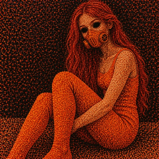 Female wearing an orange one piece legs covered sleeveless, red long hair, completely black eyes, orange breathing mask, 15 years old 