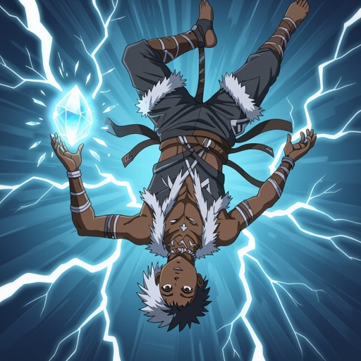 A  15 year old black male with white fade. Give him a gray tribal assassin outfit with fur. Have him floating surrounded by lightning bolts. Give him a crystal that floats from his upside down left hand 