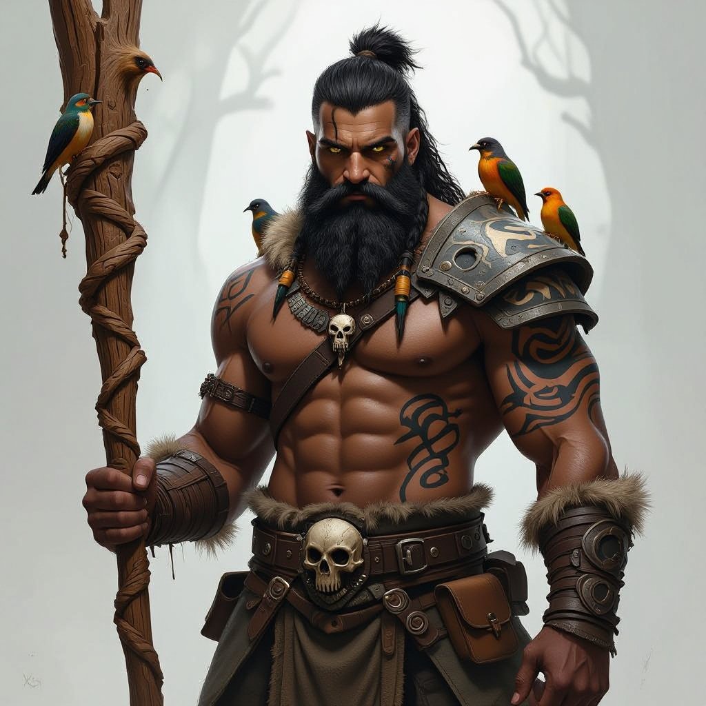 Kael the Beastbound – A rugged, broad-shouldered man with black skin and a rough beard, wearing armor made from bone and leather. deep green eyes tattoos of animal tracks spiral down his arms. He carries a massive wooden staff carved with the shapes of beasts, and small creatures often perch on his shoulders or follow at his feet.