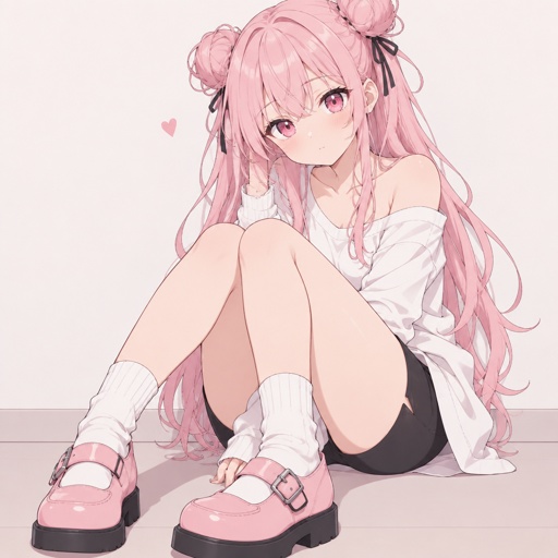 CREATE AN ANIME GIRL WITH LONG PINK HAIR WITH TWIN BUNS,WHITE SHIRT,SHOULDERS SHOWING,SHORT BLACK LEGGINGS,PINK EYES,SOFT PINK BUCKLE SHOES,WHITE SOCKS
