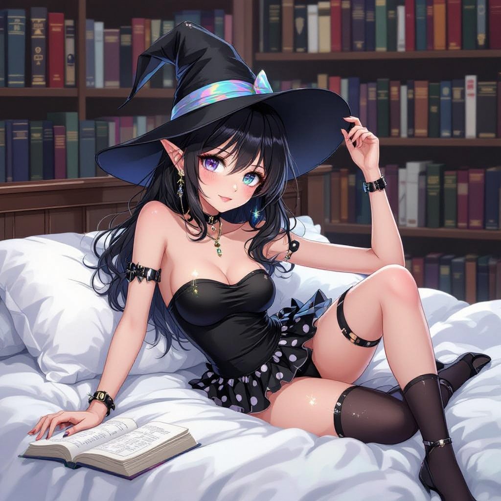 Dark Brunette Elf Witch Librariani with With Hat. Strapless Bathing Suit Top and Black and white Polka Dot Mini Pencil Skirt laying on Library Bed