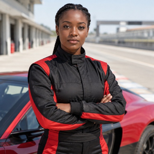 An African woman in a black and red racing uniform with no logos or sponsors 