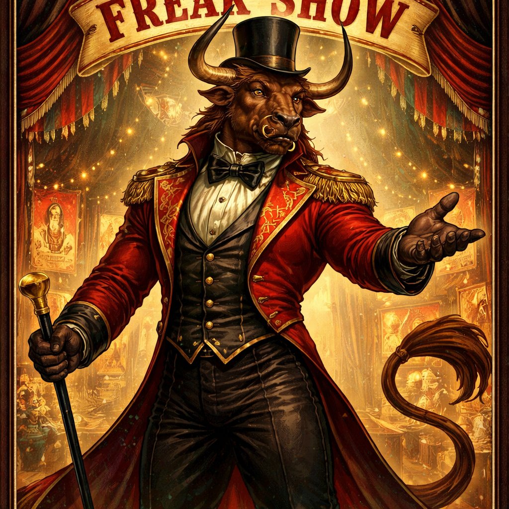 A male chestnut brown Minotaur with deep set cattle like brown eyes, large powerful gleaming horns like his fathers, a well~proportioned figure/body at lest 6 foot tall, long tail. He works at freak show as the ringmaster and his abilities are Reality Rejection, Time Manipulation (Chronokineses), Zoolingualism (Language of Cattle only), Human Speech. His mother is a human with half-animal (Cretan Cattle) physiology and his father is a Cretan Bull.