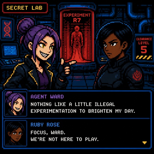 Anime style, Agent Ward, made in a secret lab to be best weapon and good at everything, highly skilled,be kept in check and have an emergency backup in case he gets out of control, Wards hair a messy bun hair color violet, is clean shaven, yellow night vision eyes, sharp teeth,has a dark power energy from experiments,best agent, in late 20s, tired, tall, eyes sensitive to light, easily migraines, likes making jokes, mischievous and dangerous,grins, hates being told what to do, intimidating, laugh like a maniac cares about his partner ruby rose she's dark skin serious plays by the rules and firm but nice to ward them standing together ruby arguing to wards “stop being so intimidating you’re going to give are suspect a hart attack!” Ward says “what I’m just making the job go faster he’s fun and was very helpful “ he proceeds to laugh ruby says under her breath “this isn’t funny” as a comic 