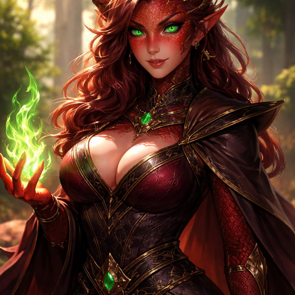 a deceptive dnd red dragonborn sorcerer lady with green eyes and e cups