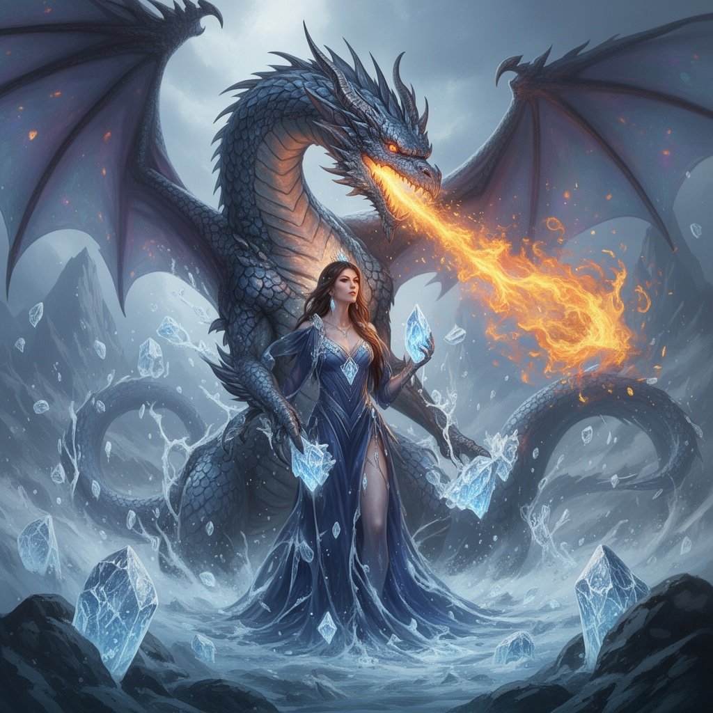 Woman half dragon breathes a combo of fire and ice