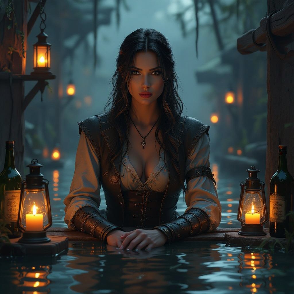 n is calm, observant, and composed — a professional at rest but ever alert. The scene is dimly lit by warm lanterns and candles reflecting off bottles and swamp water beyond the open shutters. The air feels humid, the wood aged and dark, and a faint mist glows beneath the lanterns. Lighting should be warm and balanced, highlighting her features and outfit details with natural, painterly texture. Composition: full-body to shins, semi-realistic fantasy art style following the 8-heads rule of proportion.