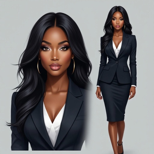 A African American woman with a black medium long hair in a lawyer outfit