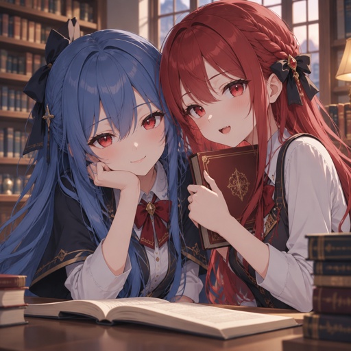 Beautiful girls, blue and red hair that goes to waist, red eyes, attractive, library