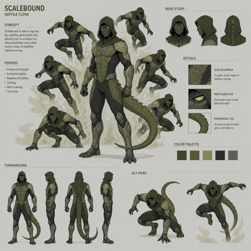Male superhero with reptile powers, hood, mask, multiple of the same character 