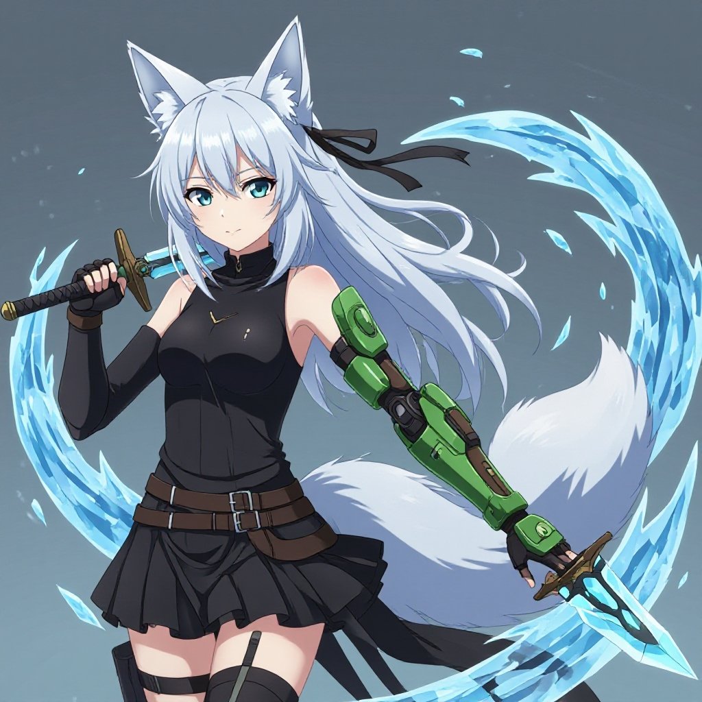 A pale teenage girl wearing black, has medium white hair, has large fox ears and a fluffy tail and a dark green and brown robotic right arm with a black glove on her left arm holding a sword of ice with a black-ish background with ice swirling around her