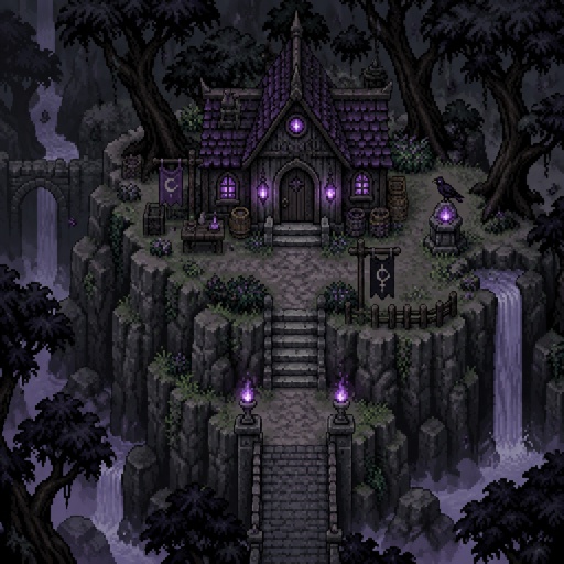 Dark Fairy House on a mountain platform surrounded by Shadow Tree almost black trunk and leaves that subtly move even without wind for a fantasy game set in modern times, exterior, top-down style