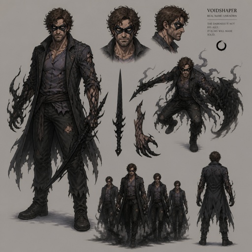 Male superhero with darkness solidification, ragged , weapons made of shadows, mask,curly brown hair, cracks, middle aged, multiple of the same character 