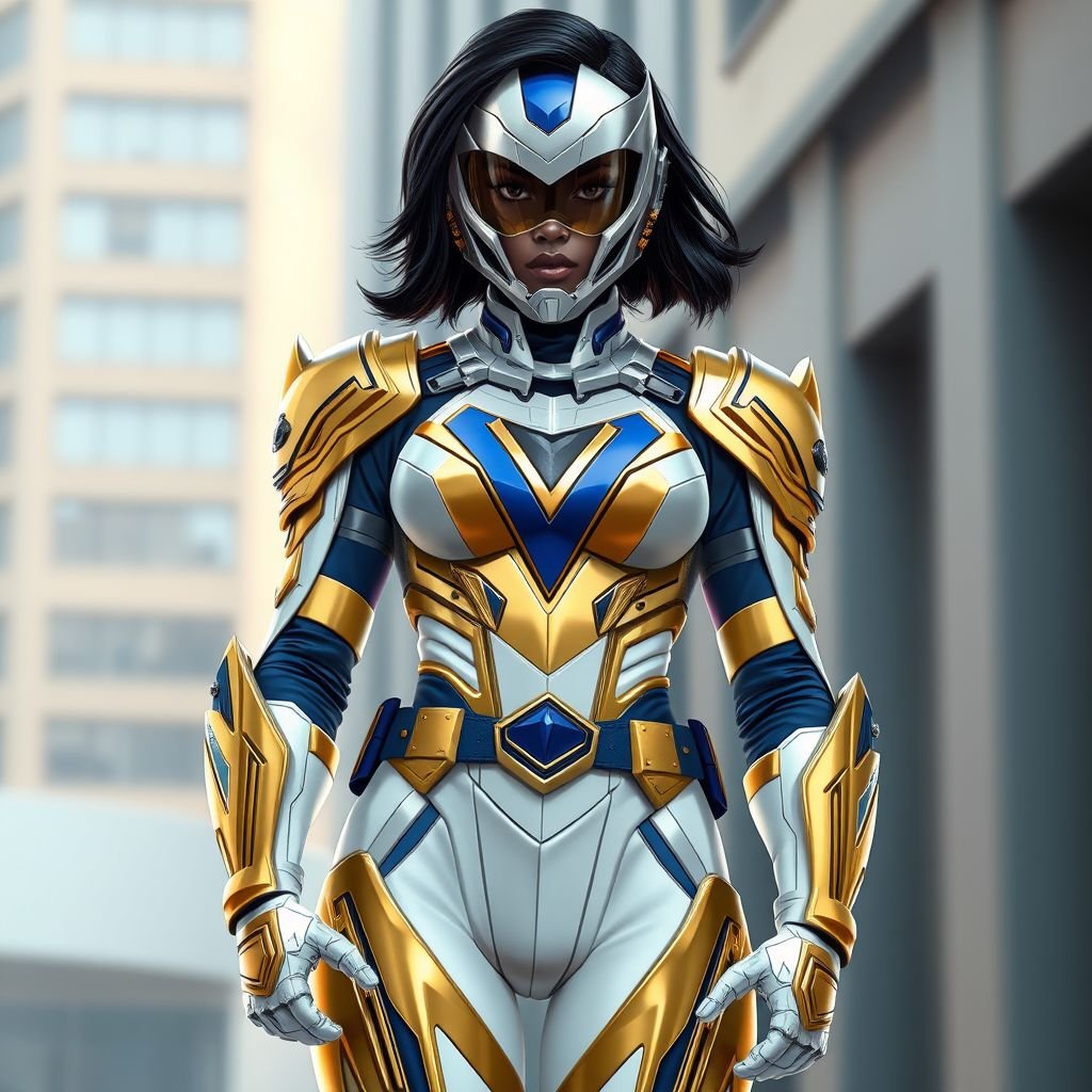 A teenage African American female with shoulder length hair  in a side part style superhero  wearing an armored MASK and a slightly armored white and gold suit with white pants and blue accents and a stylized V as her chest emblem a utility belt and gold boots