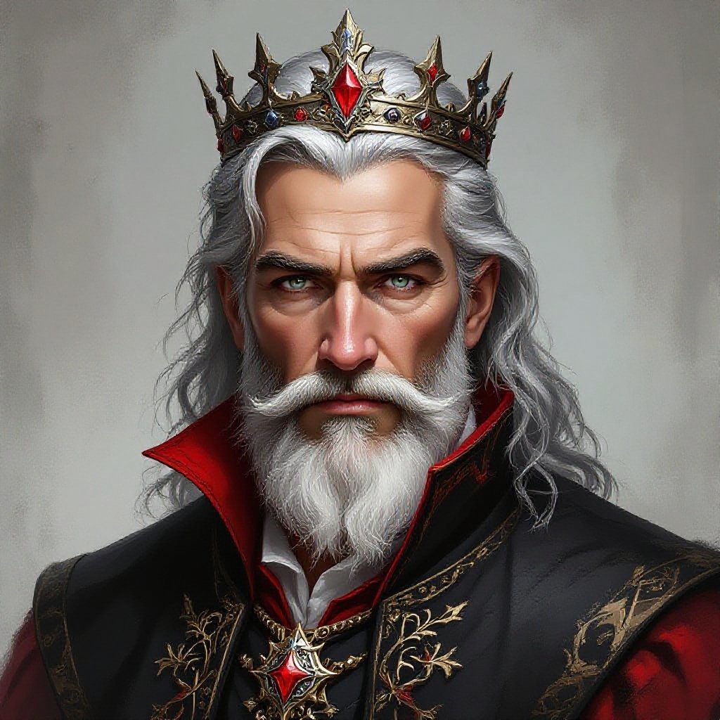 King. Silver hair. Beard. Pale skin. Grey eyes. Middle aged. Wearing black and red doublet.