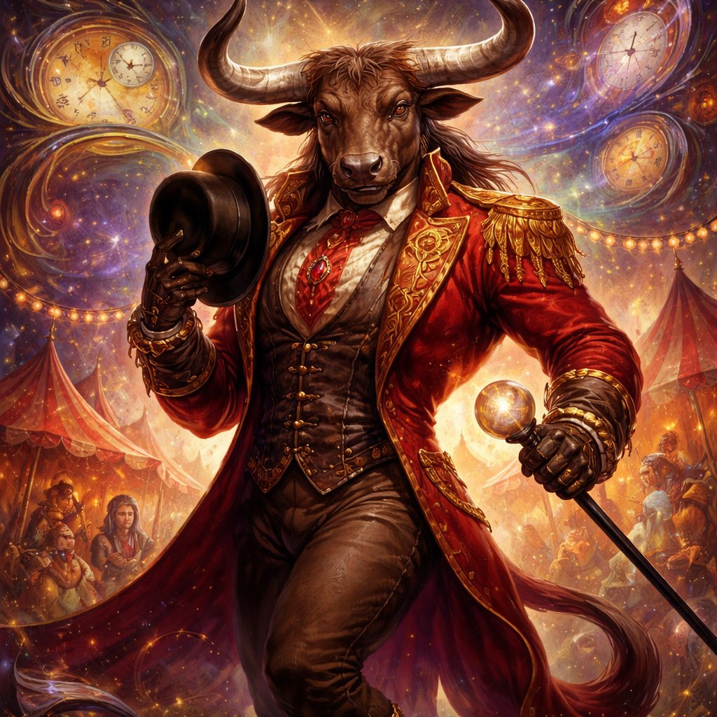 A male chestnut brown Minotaur with deep set cattle like brown eyes, large powerful gleaming horns like his fathers, a well~proportioned figure/body at lest 6 foot tall, long tail. He works at freak show as the ringmaster and his abilities are Reality Rejection, Time Manipulation (Chronokineses), Zoolingualism (Language of Cattle only), Human Speech. His mother is a human with half-animal (Cretan Cattle) physiology and his father is a Cretan Bull.