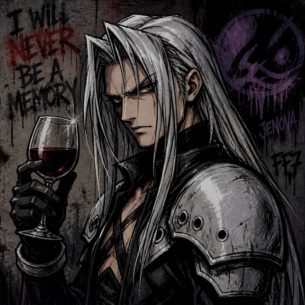 Sephiroth from ff7 with angry face holding wine