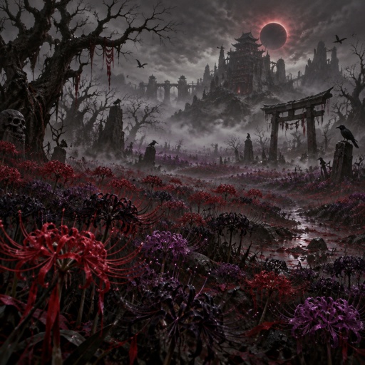 A field of Black, red and purple spider lillies 