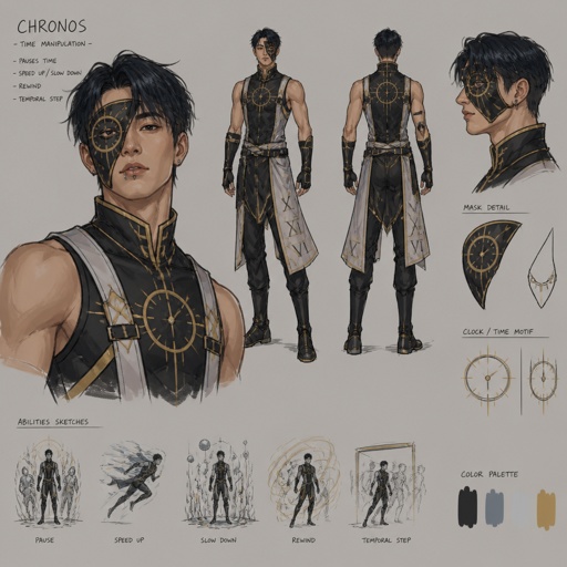 Male superhero with time abilities, , sleeveless, no trench coatAsian, lip piercing, half mask