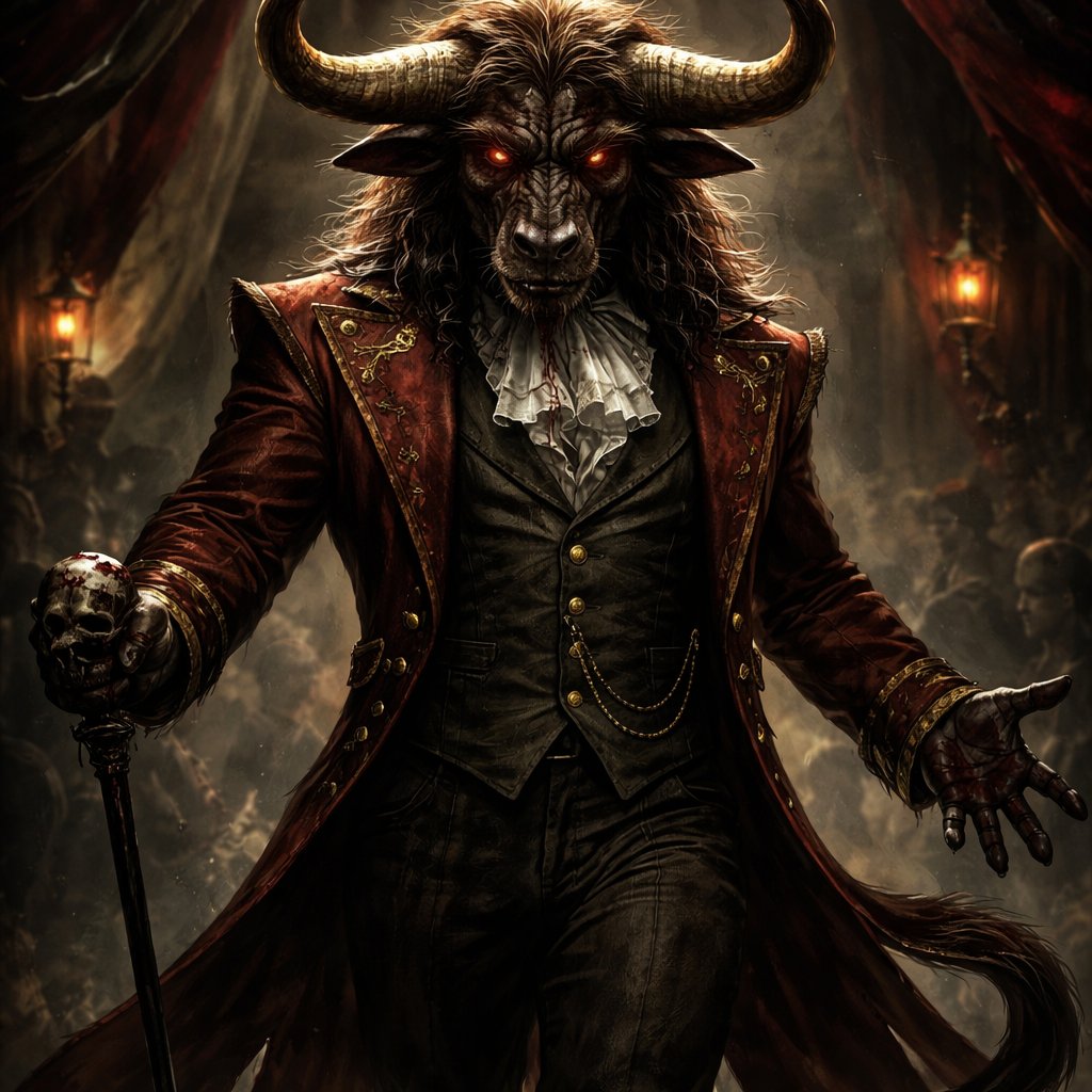 A male chestnut brown Minotaur with deep set cattle like brown eyes, large powerful gleaming horns like his fathers, a well~proportioned figure/body at lest 6 foot tall, long tail. He works at freak show as the ringmaster and his abilities are Reality Rejection, Time Manipulation (Chronokineses), Zoolingualism (Language of Cattle only), Human Speech. His mother is a human with half-animal (Cretan Cattle) physiology and his father is a Cretan Bull.
