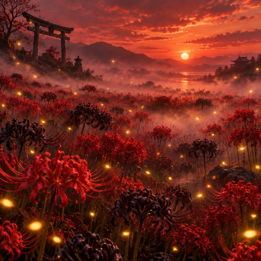 a painting of a sunset over a field of flowers